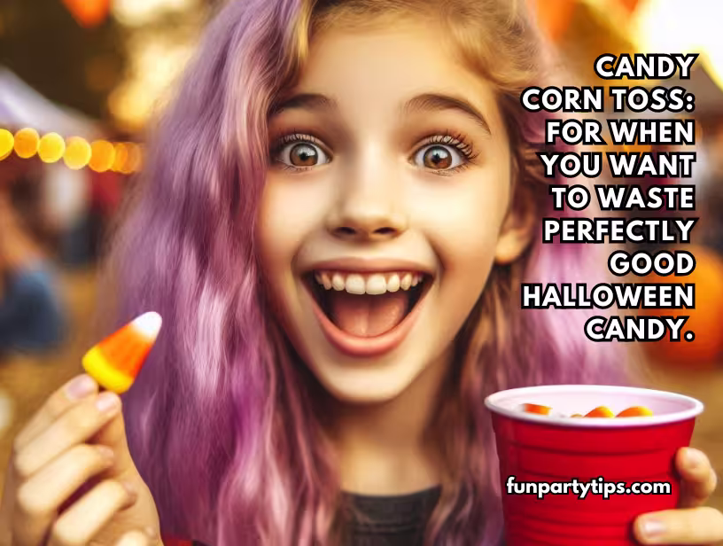 A-smiling-girl-with-purple-hair-holds-candy-corn-and-a-cup-for-the-"Candy-Corn-Toss"-fall-festival-game.