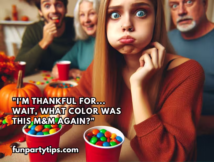 Smiling-family-with-a-close-up-of-a-confused-teenage-girl-playing-the-Thanksgiving-Gratitude-game-with-M&Ms,-showcasing-different-levels-of-gratitude-and-candy-sorting-skills.