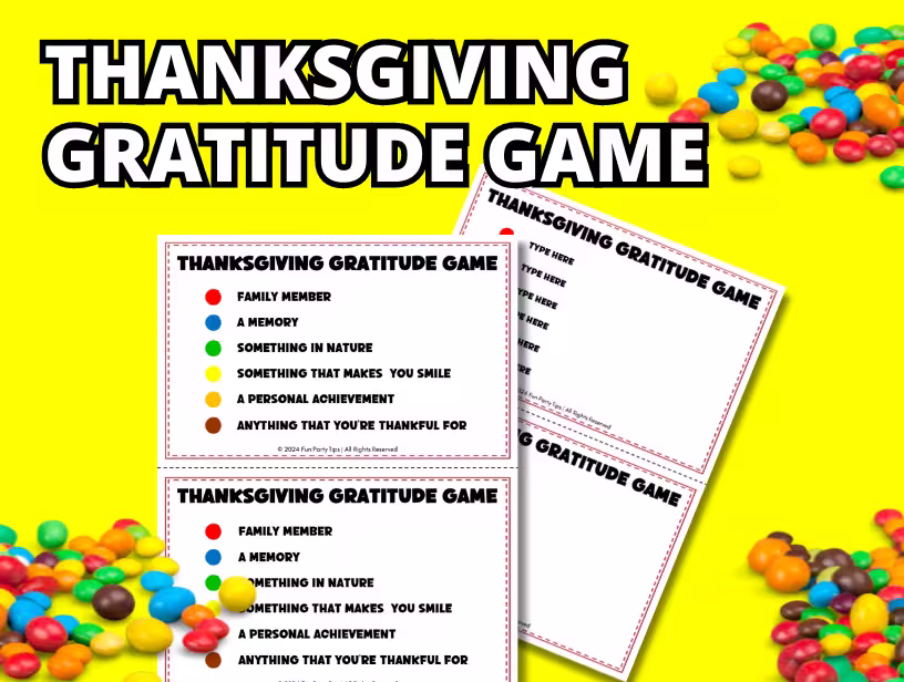 Thanksgiving-Gratitude-game-printables-with-colorful-M&Ms-scattered-around-on-a-bright-yellow-background.