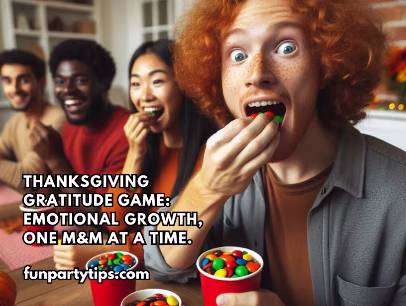 Diverse-group-of-friends-enjoying-the-Thanksgiving-Gratitude-game-with-M&Ms,-focusing-on-emotional-growth-one-candy-at-a-time.