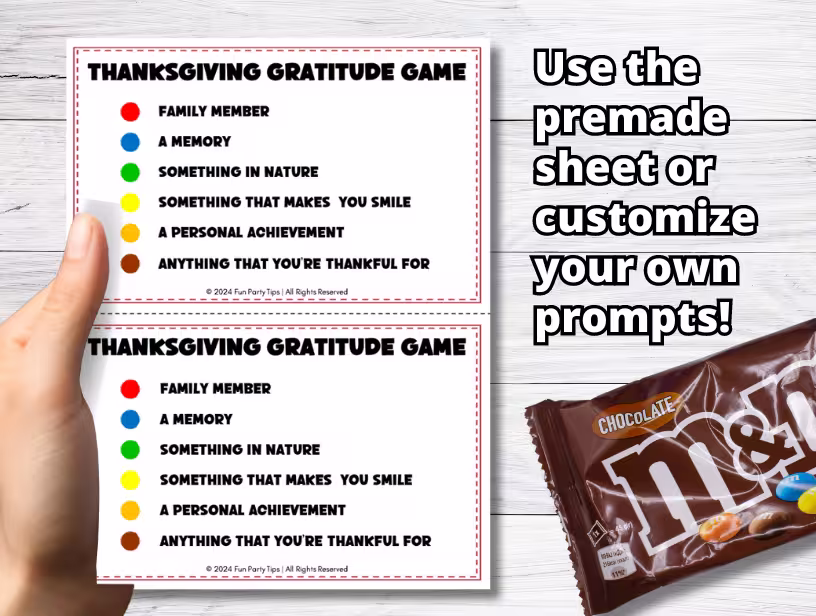 A-Thanksgiving-Gratitude-game-sheet-displayed-alongside-M&M's-candy-and-text-about-customizing-prompts.