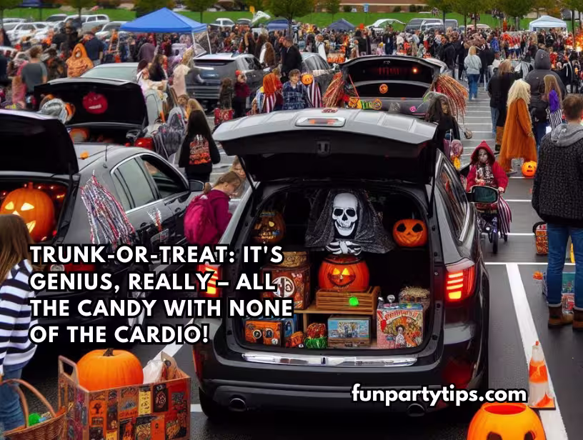A-crowded-parking-lot-filled-with-cars-decorated-for-trunk-or-treat-activities,-featuring-a-vehicle's-open-trunk-adorned-with-Halloween-decorations-and-treats.