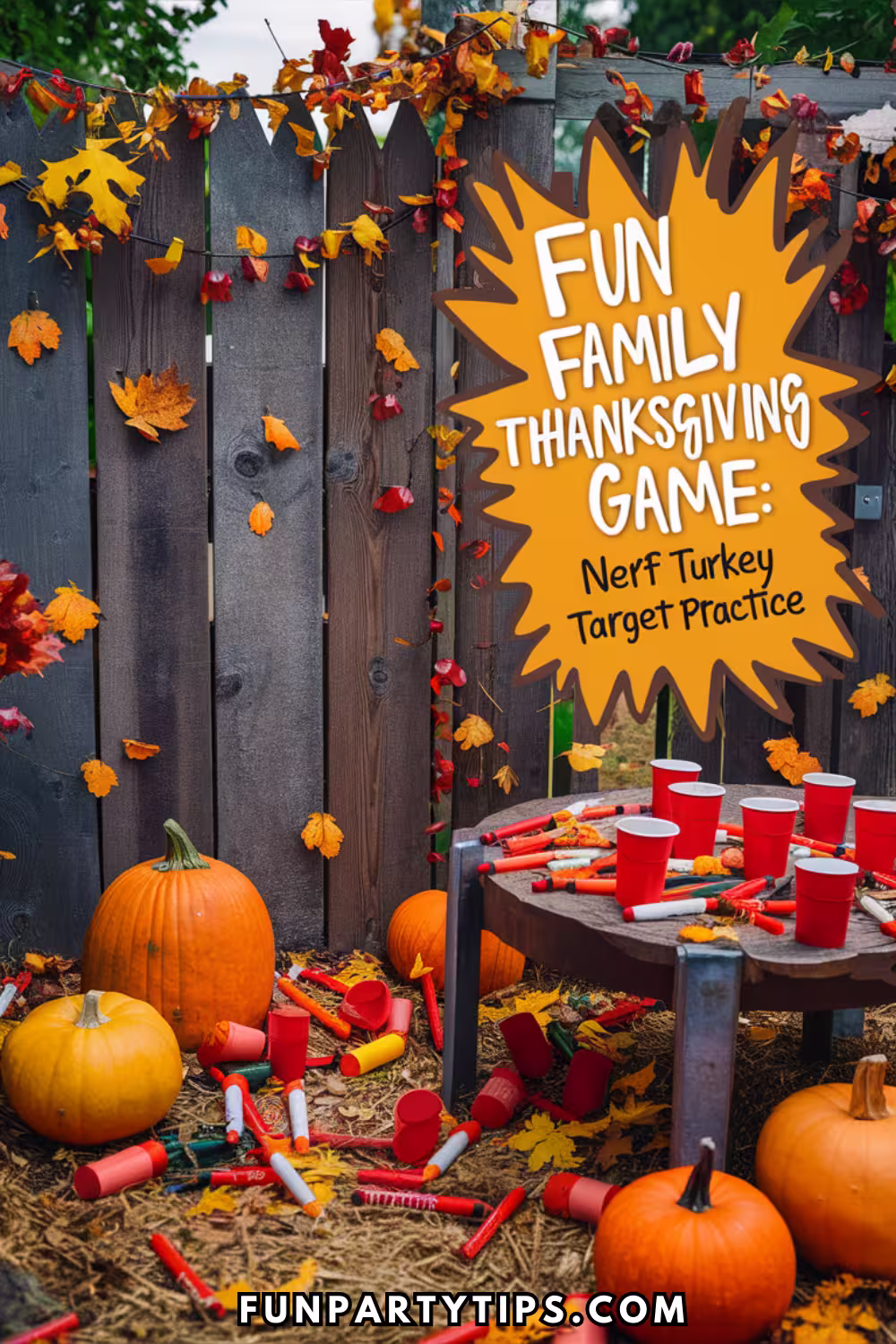 A-rustic-wooden-fence-decorated-with-autumn-leaves-and-pumpkins-showcases-a-Family-Game-for-Thanksgiving-called-"Nerf-Turkey-Target-Practice"-with-scattered-Nerf-darts-and-cups.