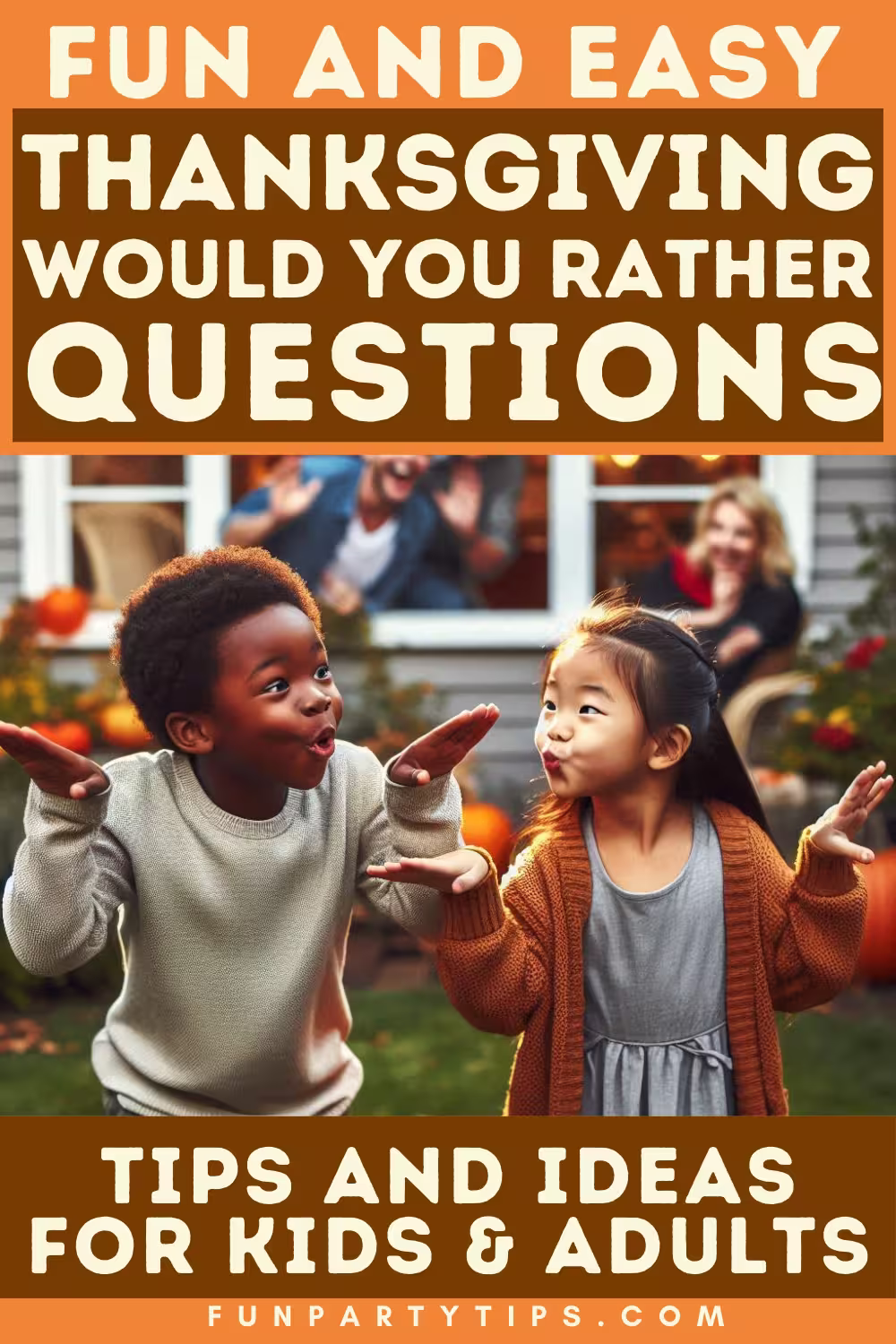 Two-children-of-different-ethnicities-react-animatedly-to-a-fun-Thanksgiving-"Would-You-Rather"-question,-with-adults-visible-in-the-background.