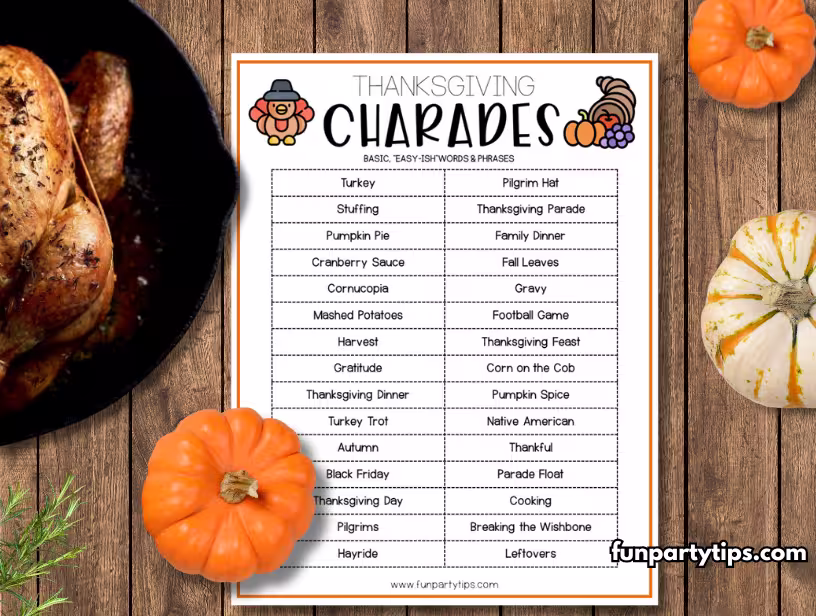 A-free-printable-Thanksgiving-charades-game-sheet-with-easy-words-and-phrases-is-displayed-alongside-a-roasted-turkey-and-festive-pumpkins-on-a-rustic-wooden-background.