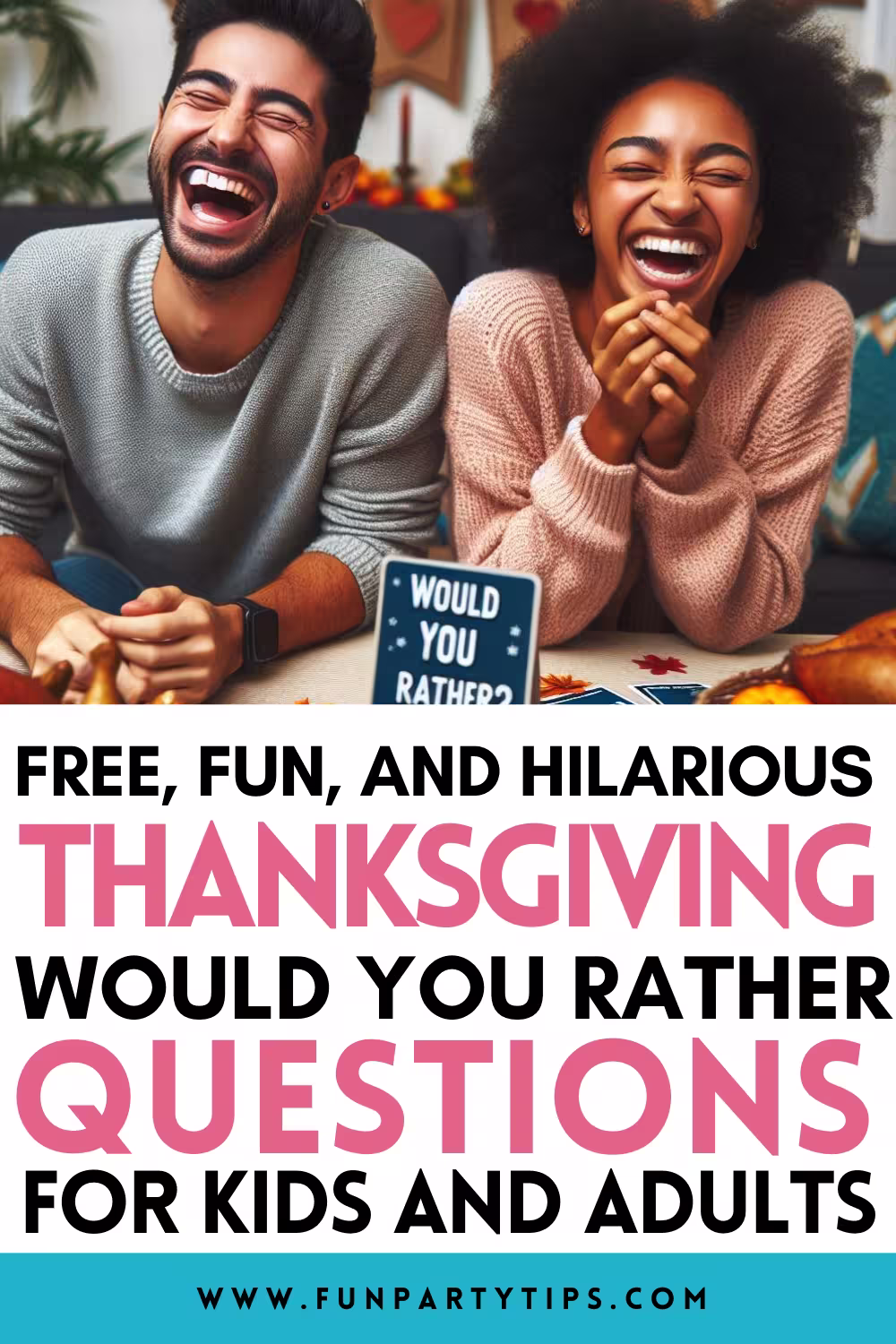 Two-friends-laugh-hysterically-while-playing-a-fun-Thanksgiving-"Would-You-Rather"-game,-surrounded-by-festive-autumn-decorations.