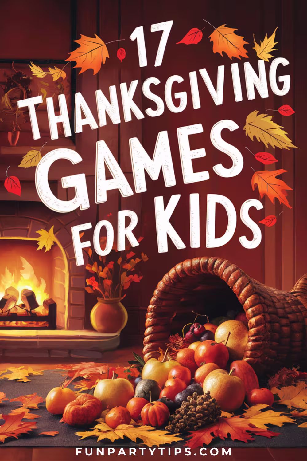 Warm-Thanksgiving-scene-featuring-a-cornucopia-filled-with-autumn-fruits-and-vegetables-next-to-a-fireplace-with-the-title-17-Thanksgiving-Games-for-Kids-overhead.
