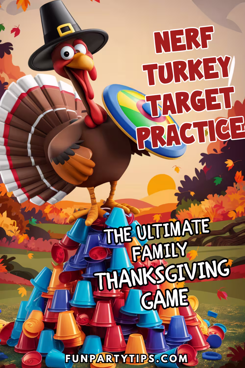A-cartoon-turkey-wearing-a-pilgrim-hat-stands-atop-colorful-cups,-advertising-Nerf-Turkey-Target-Practice-as-the-ultimate-Family-Game-for-Thanksgiving.