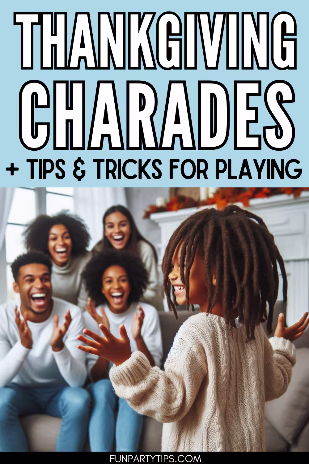 Family-laughs-as-a-child-acts-out-a-word-in-a-Thanksgiving-charades-game-showcasing-tips-and-tricks-for-this-free-printable-holiday-activity.