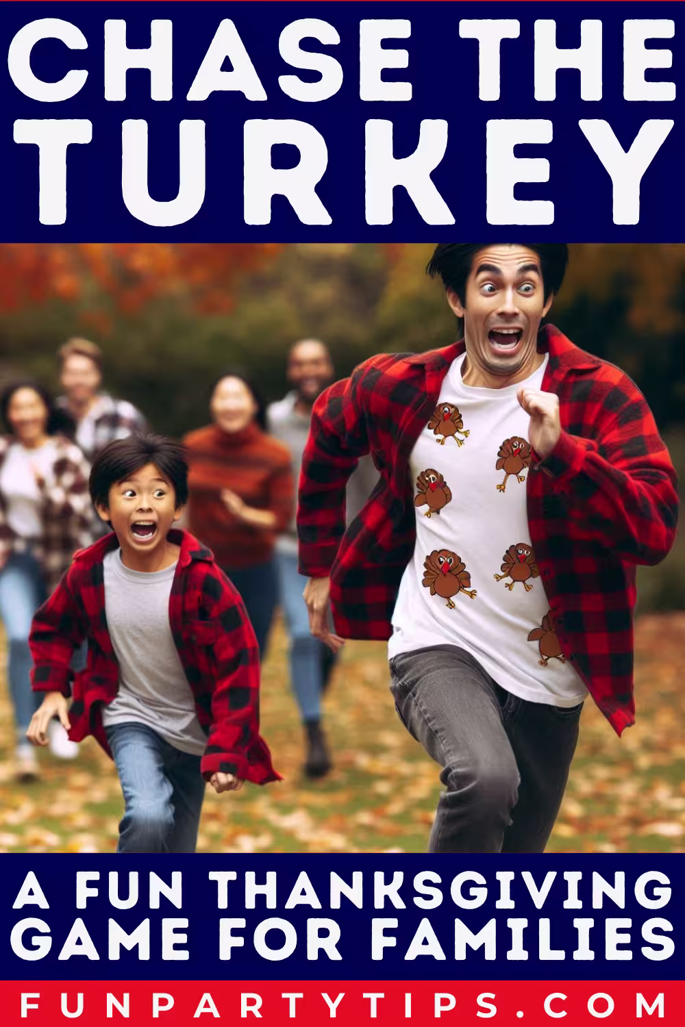 An-energetic-scene-showcasing-the-fun-family-game-for-Thanksgiving-"Chase-the-Turkey,"-with-people-running-excitedly-in-a-fall-setting.