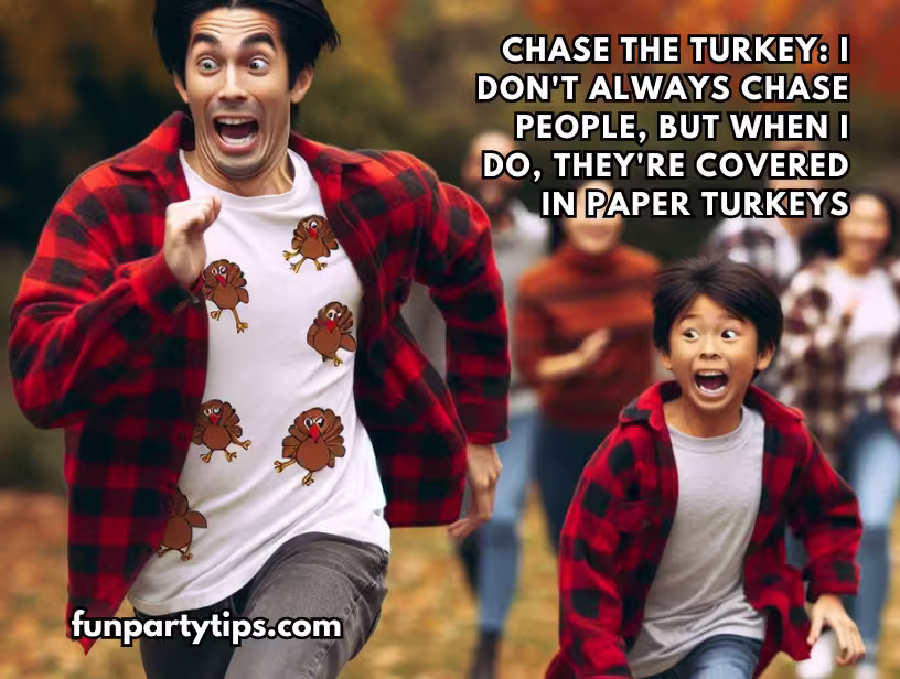 An-exhilarating-moment-in-a-park-during-a-Chase-the-Turkey-game,-showcasing-a-man-in-a-red-plaid-jacket-and-a-turkey-print-shirt-running-playfully,-pursued-by-a-laughing-tween-boy-in-a-matching-jacket,-both-expressing-surprise-and-delight,-capturing-the-joy-and-fun-of-the-Thanksgiving-game.