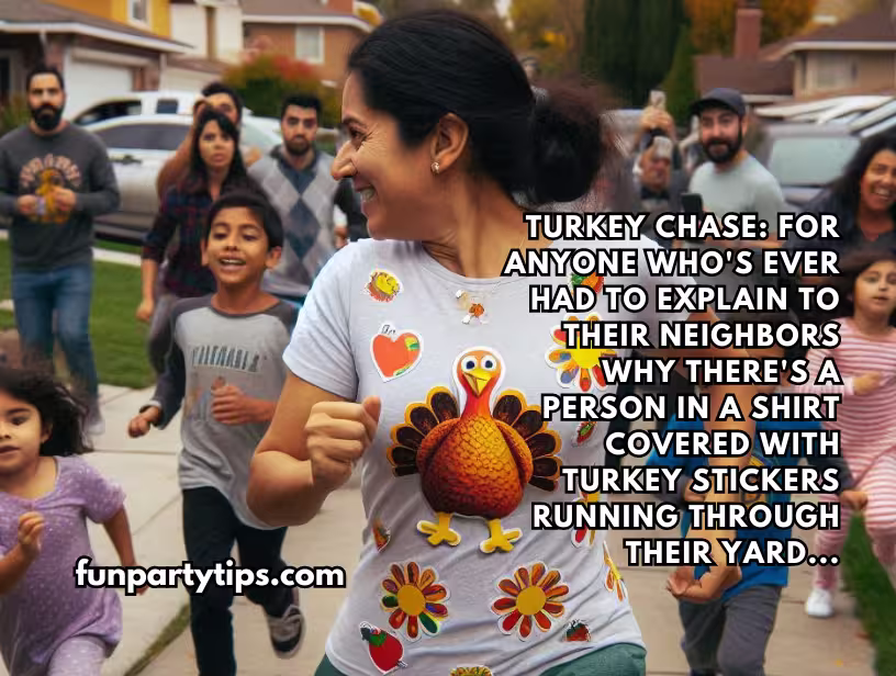 A-vibrant-neighborhood-scene-showing-a-woman-wearing-a-shirt-covered-with-turkey-stickers-running-past-colorful-houses,-chased-by-a-group-of-cheerful-tweens,-illustrating-the-community-engagement-and-fun-spirit-of-the-Chase-the-Turkey-game.