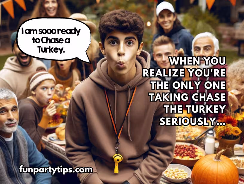 A-festive-outdoor-scene-of-a-young-man-geared-up-for-a-Chase-the-Turkey-game,-with-onlookers-in-the-background-smiling-and-enjoying-the-Thanksgiving-festivities,-emphasizing-the-game's-role-in-family-and-community-fun.
