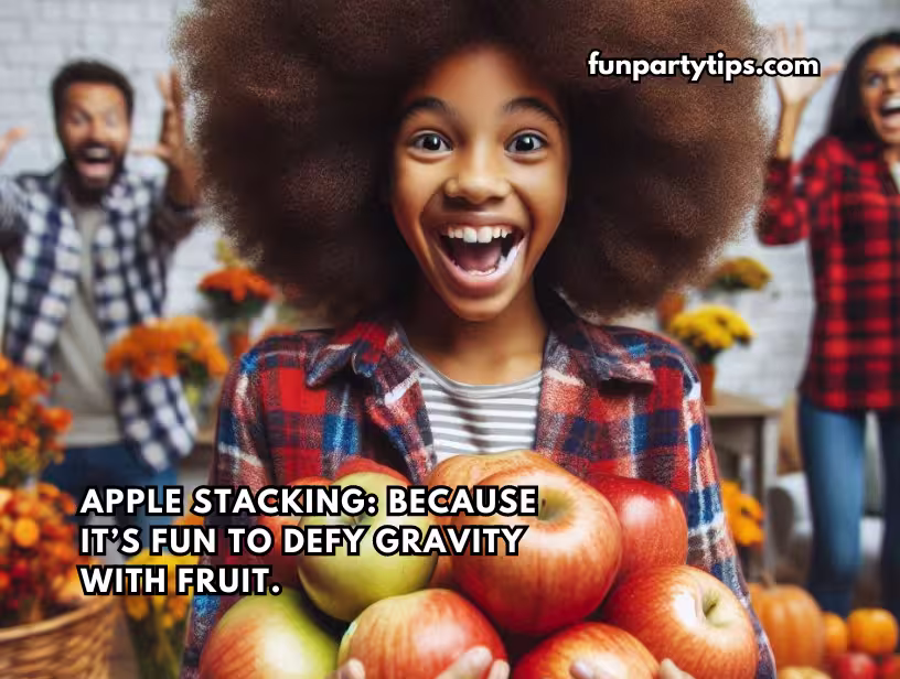 A-young-girl-excitedly-holds-a-stack-of-apples,-demonstrating-her-success-at-defying-gravity-in-a-popular-apple-stacking-game-at-an-apple-party.