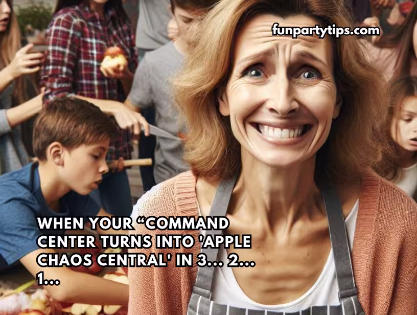 A-mother-looks-overwhelmed-and-amused-as-she-manages-the-chaos-of-kids-and-adults-engaged-in-apple-party-games,-capturing-the-lively-spirit-of-fall-celebrations.