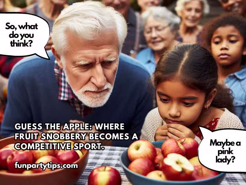 An-older-man-and-a-young-girl-ponder-over-which-apples-to-choose-for-a-competitive-game,-captioned-as-a-playful-challenge-about-apple-party-games,-encouraging-guests-to-guess-the-apple-types.