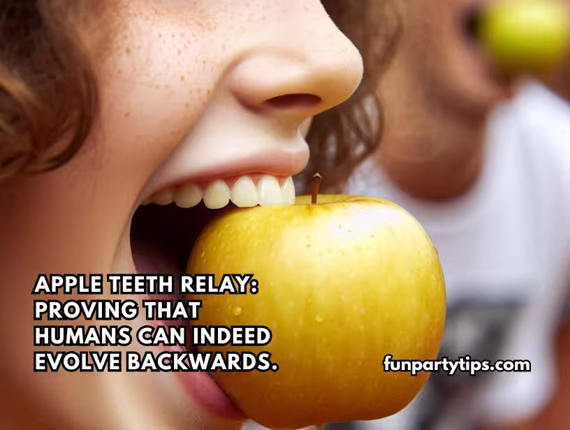A-young-woman-holds-an-apple-between-her-teeth-during-a-fun-fall-game-called-the-Apple-Teeth-Relay,-showcasing-the-light-hearted-competitiveness-of-the-event.