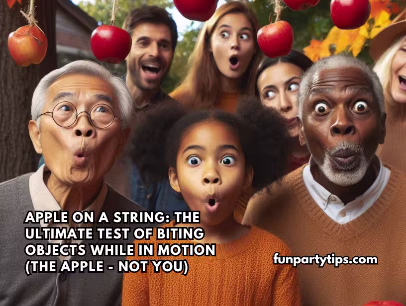 A-diverse-group-of-people-from-different-ages-exhibit-shocked-and-amused-expressions-while-participating-in-the-apple-on-a-string-game,-highlighting-a-popular-activity-at-fall-apple-party-games.