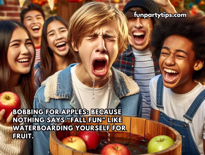 A-teen-boy-laughs-as-water-splashes-from-a-tub-while-bobbing-for-apples,-capturing-the-hilarious-and-wet-fun-of-this-classic-fall-game.
