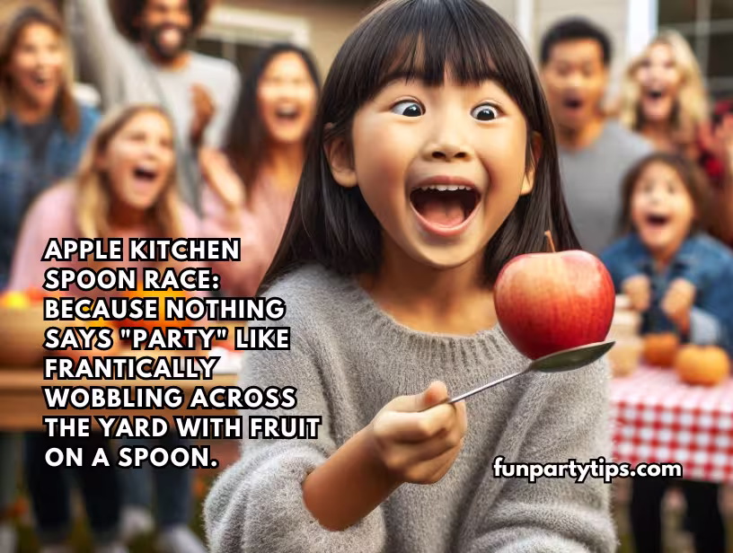 A-young-girl-holds-an-apple-on-a-spoon,-gleefully-attempting-to-balance-it-while-crossing-the-yard,-highlighting-the-playful-spirit-of-apple-kitchen-spoon-races-at-fall-parties.
