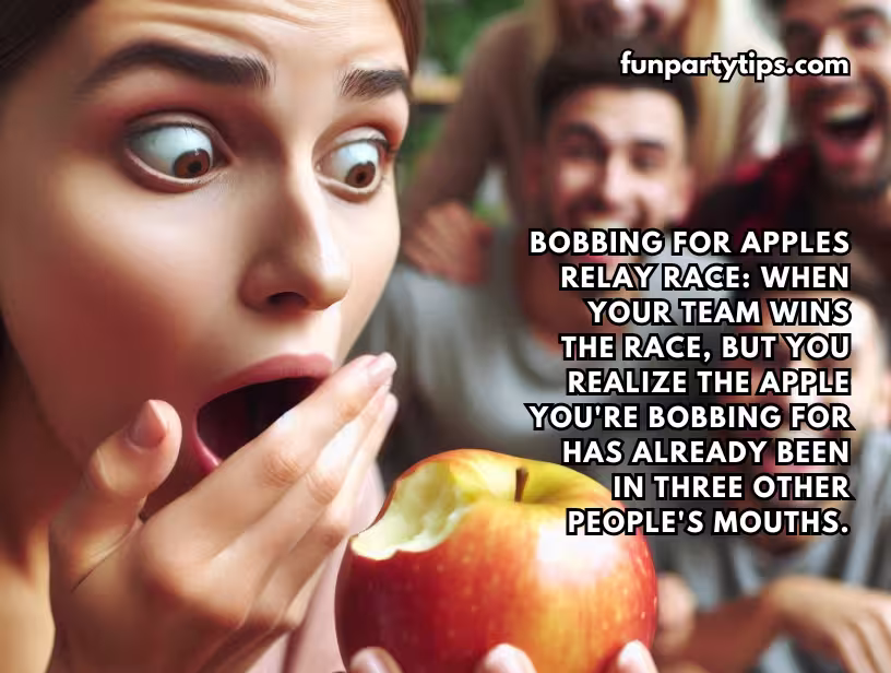 A-woman-looks-shocked-as-she-bobs-for-an-apple,-learning-it-has-already-been-in-three-other-people's-mouths,-adding-a-humorous-twist-to-fall-games.