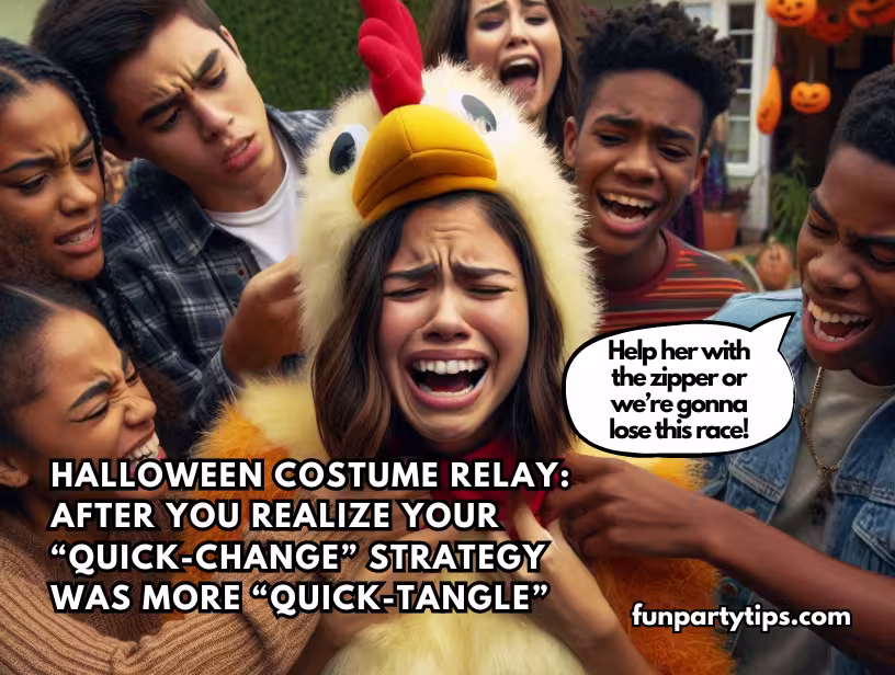A-big-group-of-friends-surround-a-person-in-a-chicken-costume-struggling-with-a-zipper-during-a-chaotic-halloween-costume-relay-race.
