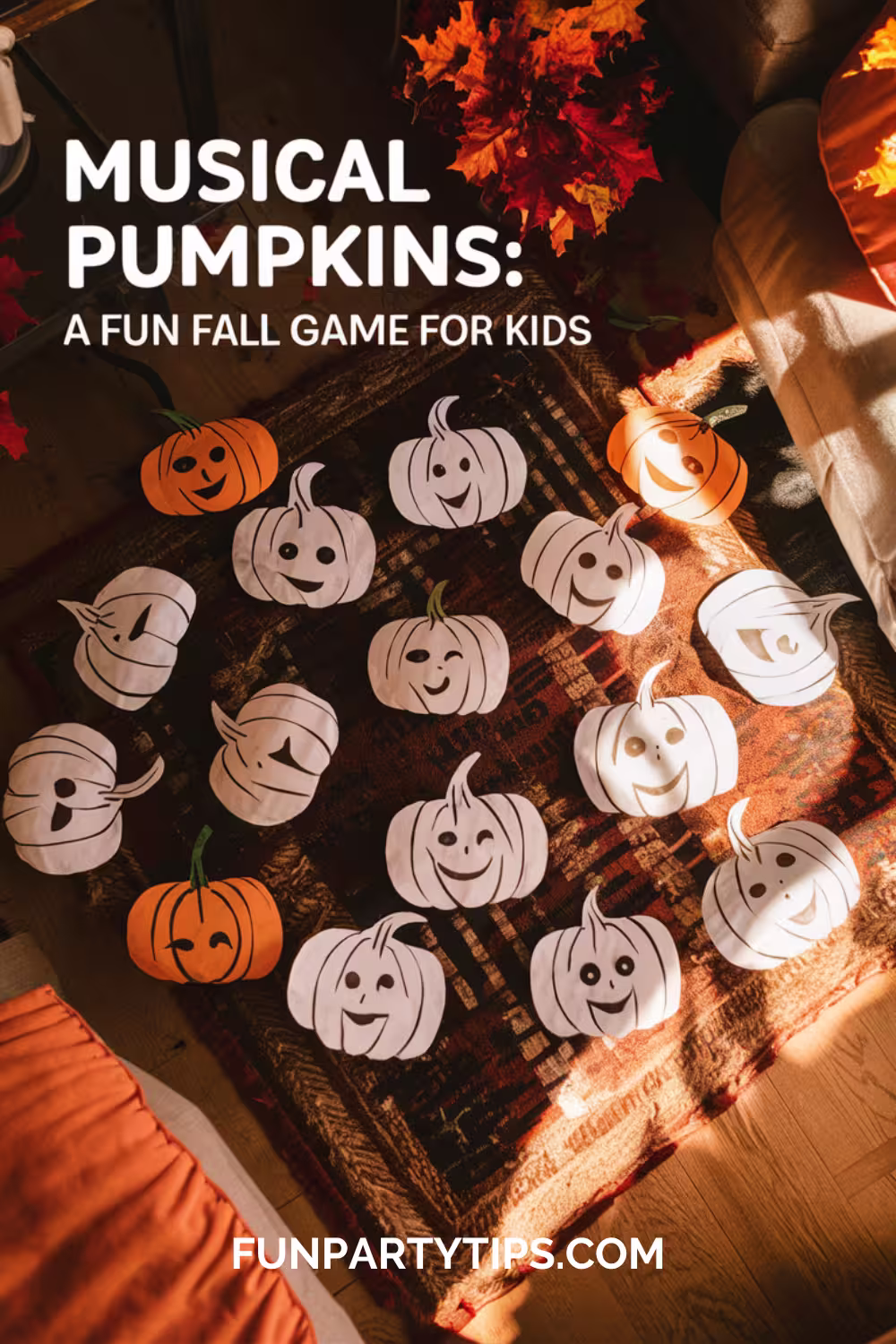 A-collection-of-pumpkin-cutouts-is-arranged-on-a-rug-for-a-musical-pumpkins-game-as-part-of-a-fun-fall-Halloween-activity-for-kids.