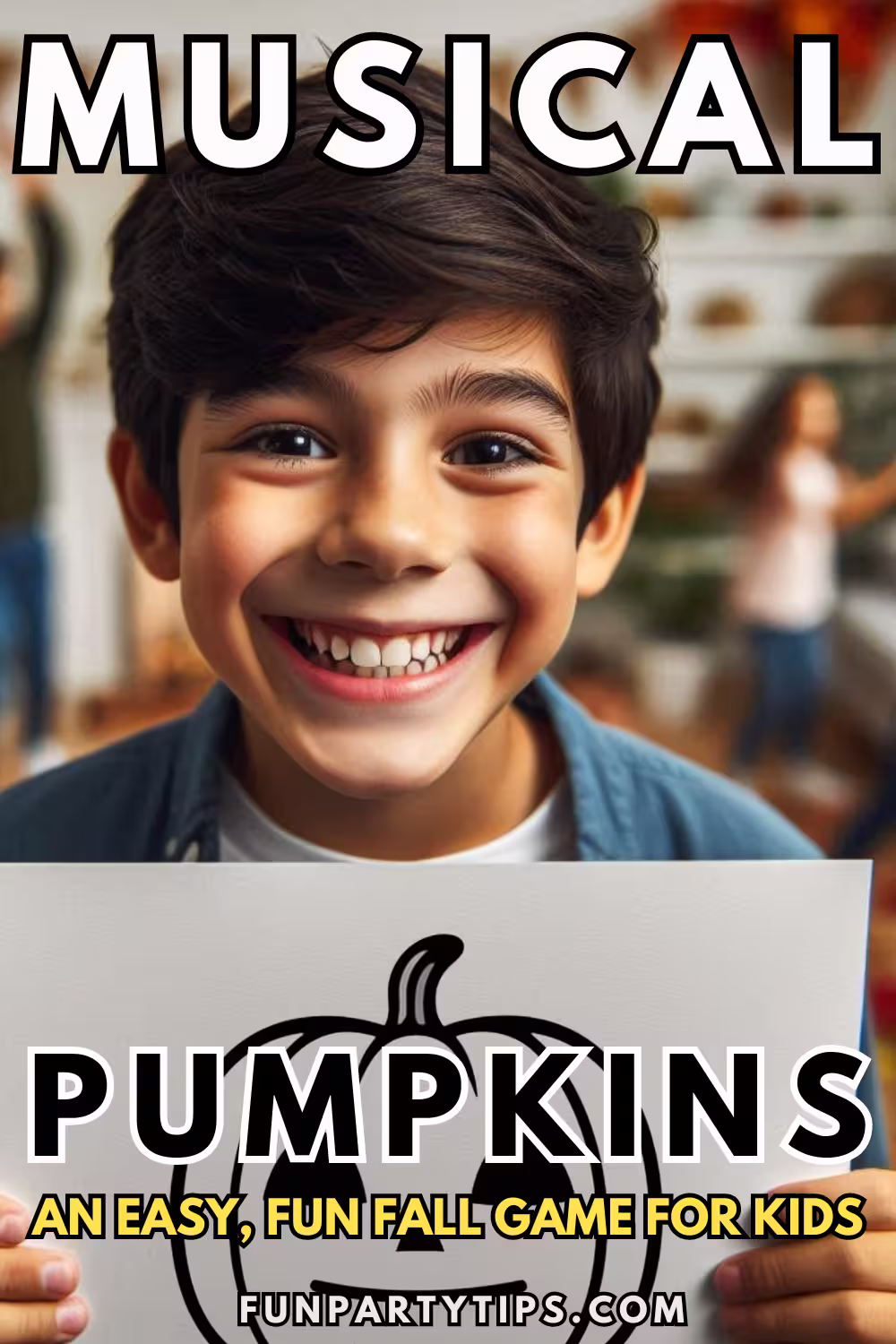  A-smiling-boy-holds-a-paper-pumpkin-while-playing-musical-pumpkins-a-fall-game-for-kids-during-Halloween-festivities.