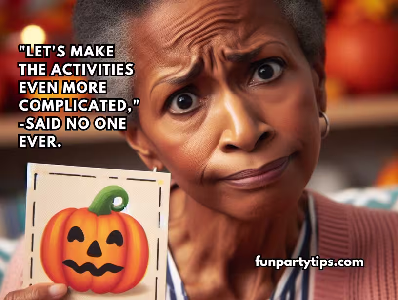 An-older-woman-with-a-quizzical-expression-holds-a-Halloween-pumpkin-card-during-a-fall-game-said-no-one-ever-quote-emphasizes-the-simplicity-of-the-musical-pumpkins-game.