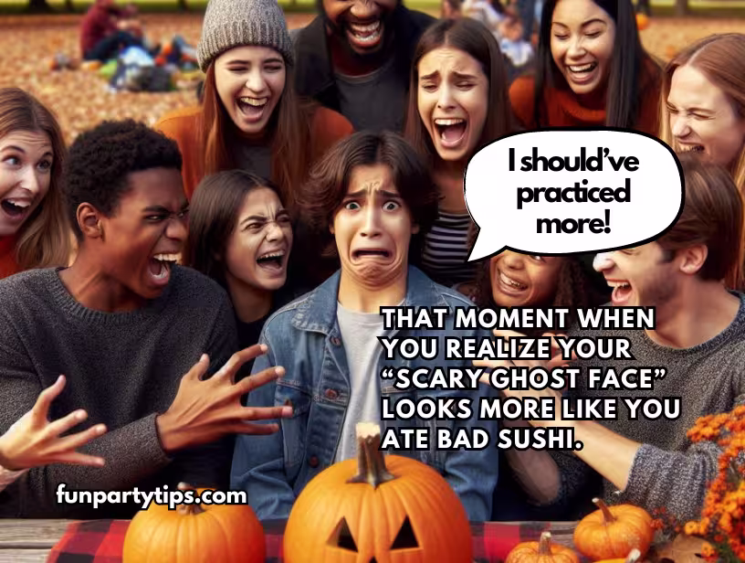 A-group-of-friends-laughs-at-a-boy-making-a-scared-face-while-holding-a-pumpkin-during-a-Halloween-themed-musical-pumpkins-fall-game-one-person-thinks-I-should-have-practiced-more.