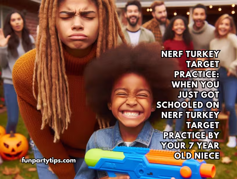 Contrasting-reactions-to-Thanksgiving-game-Nerf-Turkey-Target-Practice-between-frustrated-adult-and-joyful-child.