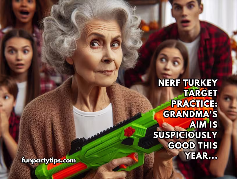 Surprised-family-watches-grandma-aim-Nerf-gun-during-Thanksgiving-game-Nerf-Turkey-Target-Practice.