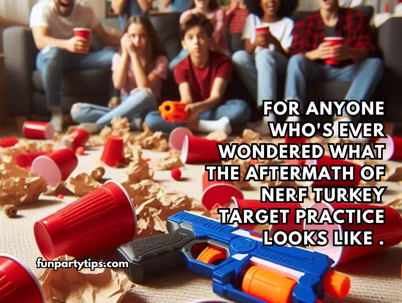 Family-gathering-aftermath-of-Thanksgiving-game-Nerf-Turkey-Target-Practice-with-scattered-cups-and-darts.