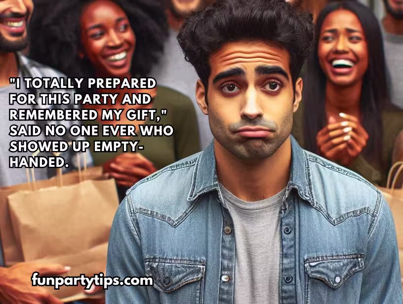 A-man-in-a-denim-shirt-looks-awkward-and-embarrassed-at-a-party-while-holding-an-empty-bag-as-people-laugh-behind-him.-The-caption-reads-"I-totally-prepared-for-this-party-and-remembered-my-gift,"-a-said-no-one-ever-moment-at-the-best-paper-bag-white-elephant-gift-exchange.
