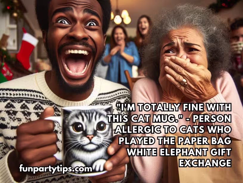 A-man-holds-a-cat-mug-and-laughs-while-an-elderly-woman-next-to-him-looks-shocked-with-her-hands-over-her-mouth.-The-caption-reads-"I'm-totally-fine-with-this-cat-mug,"-describing-the-best-paper-bag-white-elephant-gift-exchange-for-a-person-allergic-to-cats.