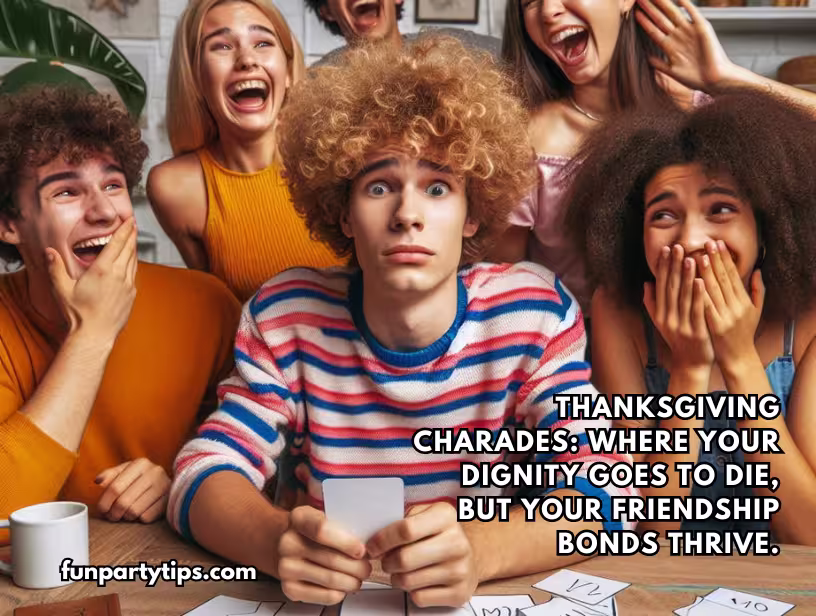 Young-friends-enjoy-a-lively-round-of-Thanksgiving-charades-with-one-player-looking-confused-amidst-the-laughter-in-this-free-printable-party-game.