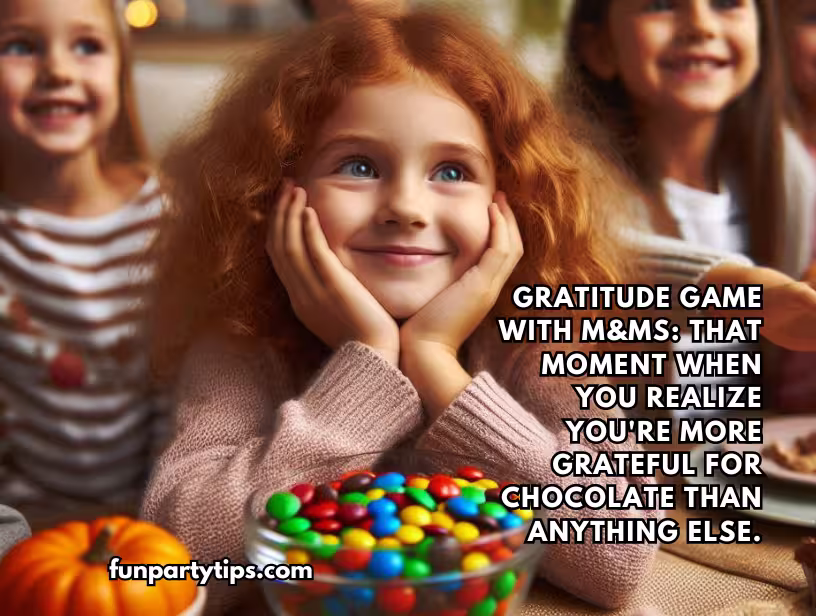 A-red-haired-girl-smiles-while-playing-a-Thanksgiving-game-for-kids-involving-M&Ms-as-she-contemplates-her-gratitude-for-chocolate.