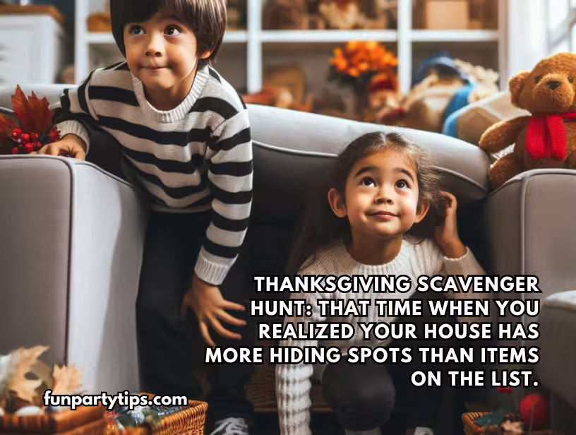 Two-children-playing-a-Thanksgiving-game-for-kids-as-they-hide-behind-a-couch-during-an-exciting-holiday-scavenger-hunt.