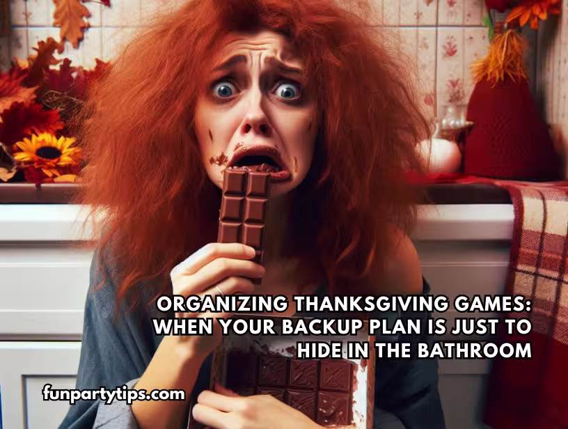 Woman-with-wild-red-hair-looks-panicked-while-biting-chocolate-bar-surrounded-by-autumn-decorations-in-kitchen-setting.