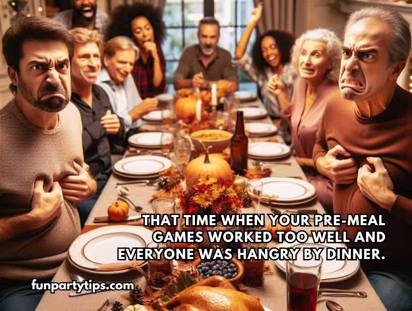 Family-gathering-around-Thanksgiving-table-with-two-men-in-foreground-looking-hangry-while-others-appear-cheerful-in-background.