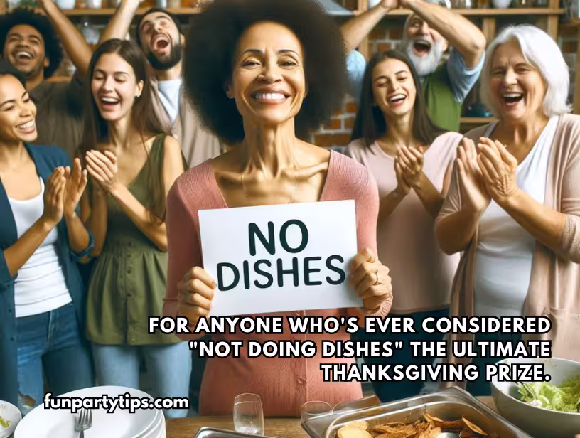 Group-of-diverse-people-celebrating-joyfully-as-woman-in-center-holds-sign-reading-"No-Dishes"-with-Thanksgiving-meal-visible.