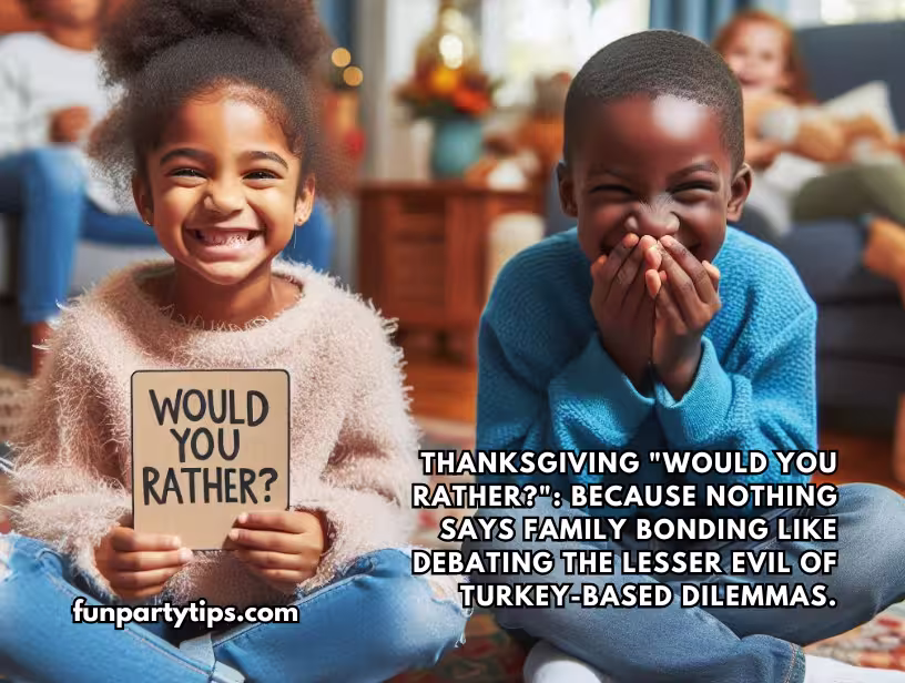 Two-laughing-children-play-a-Thanksgiving-game-for-kids-called-"Would-You-Rather?"-with-one-holding-a-sign-and-the-other-covering-his-mouth-in-amusement.