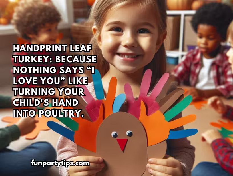 A-smiling-girl-proudly-displays-her-handprint-turkey-craft,-a-classic-Thanksgiving-activity-for-kids-that-turns-hands-into-festive-poultry.