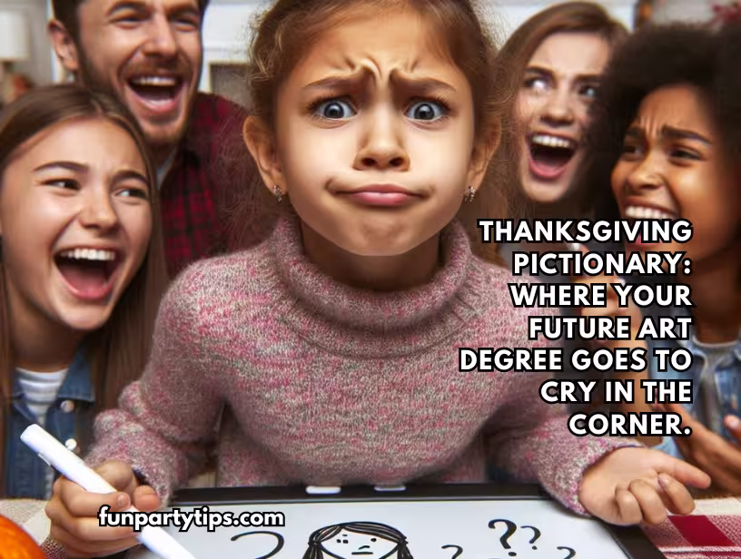 Family-members-laugh-as-a-young-girl-makes-an-exaggerated-face-during-Thanksgiving-Pictionary,-illustrating-fun-games-for-kids-during-the-holiday.