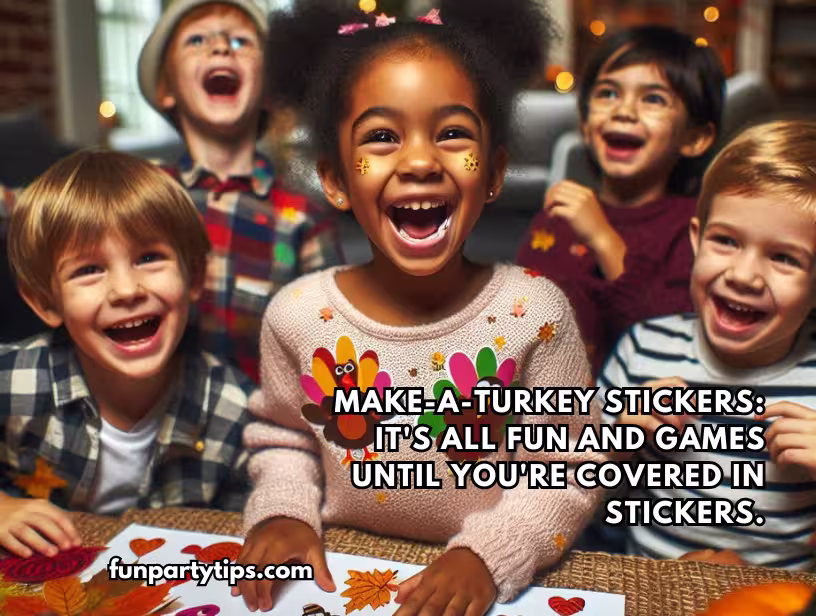 Diverse-group-of-laughing-children-enjoying-Thanksgiving-games-for-kids-while-making-colorful-turkey-stickers-at-a-festive-table.