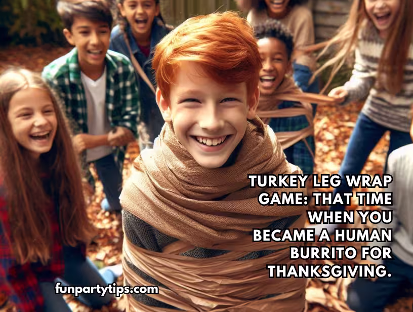 A-boy-wrapped-up-like-a-human-burrito-during-the-Turkey-Leg-Wrap-Game-for-Thanksgiving.