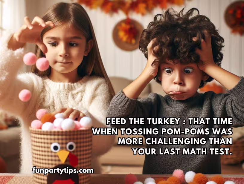 Two-children-participate-in-Thanksgiving-activity-tossing-pom-poms-into-a-turkey-themed-container-with-autumn-decorations-in-background.