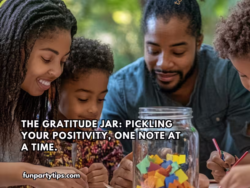 A-family-sitting-at-a-table-focusing-on-writing-notes-for-a-Gratitude-Jar.-The-family-includes-parents-and-children,-all-smiling-as-they-add-colorful-notes-to-the-jar.-The-text-on-the-image-says-The-Gratitude-Jar:-Pickling-Your-Positivity,-One-Note-at-a-Time.-This-image-highlights-thanksgiving-gratitude-games-for-kids-and-gratitude-activities.