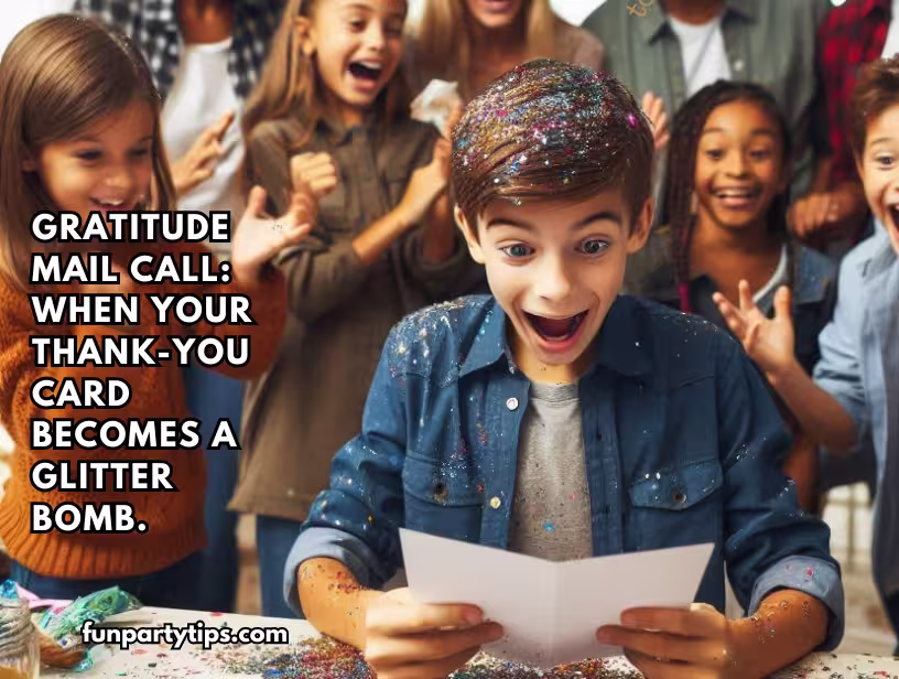 A-young-boy-covered-in-glitter-looking-ecstatic-as-he-opens-a-thank-you-card,-surrounded-by-a-group-of-kids-cheering-and-laughing.-The-text-on-the-image-reads-Gratitude-Mail-Call:-When-Your-Thank-You-Card-Becomes-a-Glitter-Bomb.-This-image-represents-thanksgiving-gratitude-games-for-kids-and-gratitude-activities.