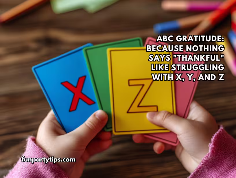 A-child’s-hands-holding-three-colorful-cards-marked-X,-Y,-and-Z-on-a-wooden-table.-The-text-on-the-image-reads-ABC-Gratitude:-Because-Nothing-Says-Thankful-Like-Struggling-With-X,-Y,-and-Z.-This-image-represents-thanksgiving-gratitude-games-for-kids-and-gratitude-activities.